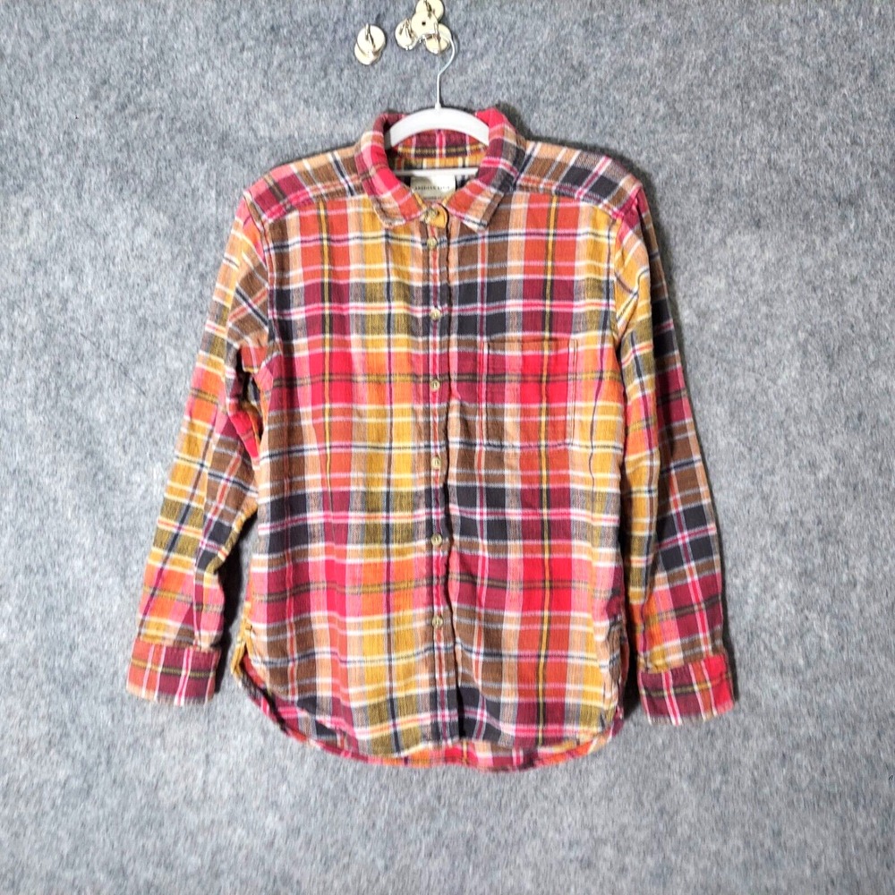 American Eagle Women Shirt XS Boyfriend Button Flannel Plaid Lumberjack Cowgirl